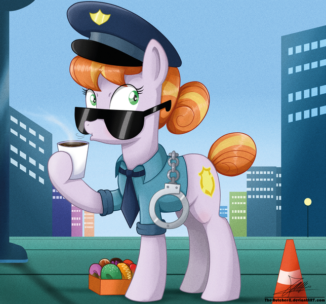 Size: 1871x1742 | Tagged: safe, artist:the-butch-x, derpibooru import, copper top, pony, the gift of the maud pie, beverage, blowing, box, city, clothes, coffee, cuffs, cup, donut, female, food, hot, mare, necktie, police officer, police uniform, signature, solo, sunglasses