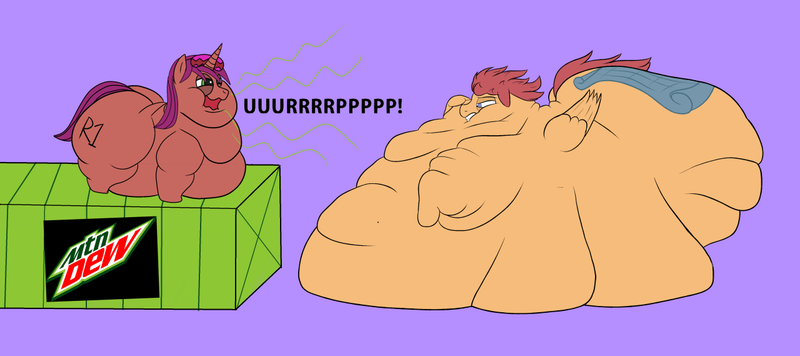 Size: 1280x569 | Tagged: artist:astr0zone, artist:dobbinsditch, bhm, bingo wings, blob, burp, chubby cheeks, collaboration, derpibooru import, double chin, fat, immobile, large belly, large butt, morbidly obese, mountain dew, multichin, multiple chins, obese, oc, oc:astrozone, oc:dobbin, questionable, rolls of fat, simple background, triple chin, unofficial characters only