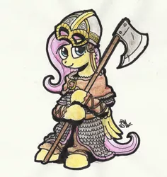 Size: 508x537 | Tagged: armor, artist:sensko, axe, battle axe, derpibooru import, fluttershy, helmet, horned helmet, pencil drawing, safe, simple background, solo, traditional art, viking, war axe, weapon, white background