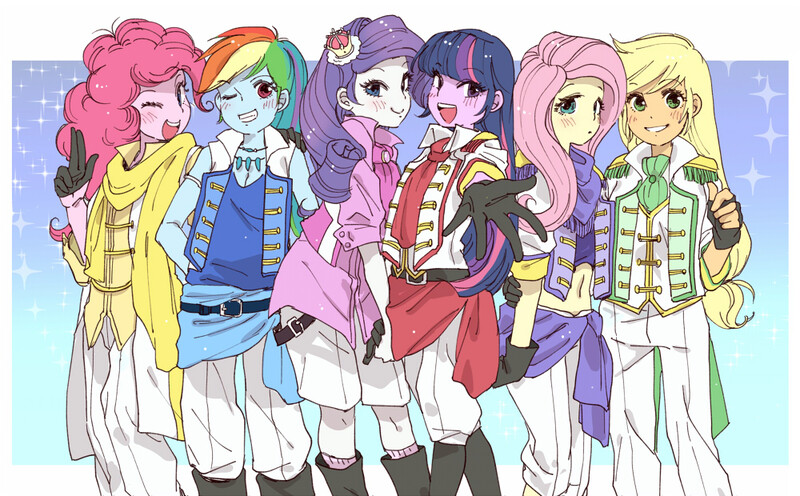 Size: 1000x620 | Tagged: safe, artist:pasikon, derpibooru import, applejack, fluttershy, pinkie pie, rainbow dash, rarity, twilight sparkle, equestria girls, blushing, clothes, fingerless gloves, gloves, looking at you, mane six, midriff, one eye closed, open mouth, osomatsu-san, smiling