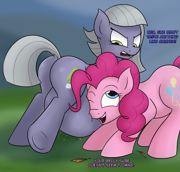 Size: 1731x1650 | Tagged: questionable, semi-grimdark, artist:variant, derpibooru import, limestone pie, pinkie pie, scootaloo, earth pony, pony, abuse, belly, death, digestion, female, fetish, implied scootaloo, nuzzling, plot, scootabuse, scootachicken, stomach noise, vore