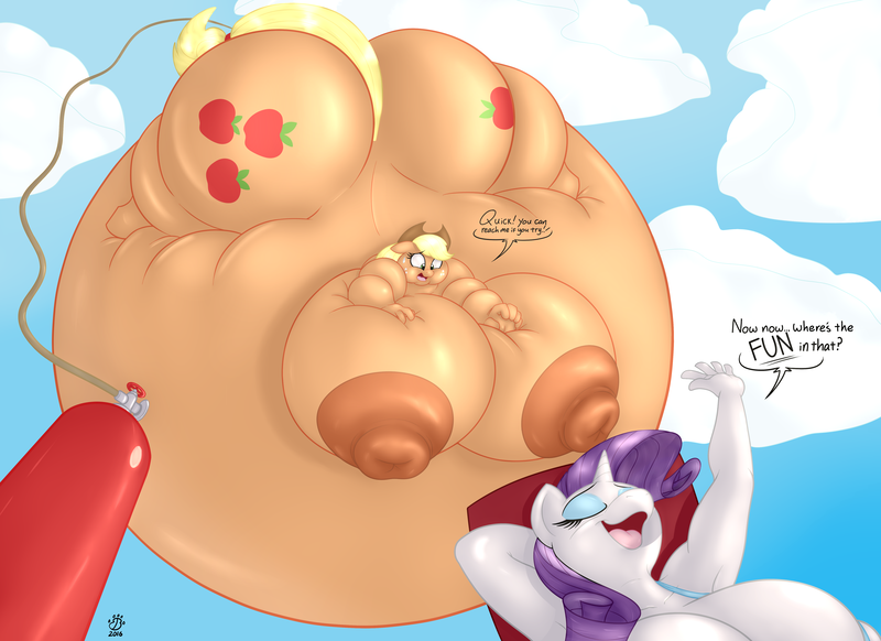 Size: 5500x4000 | Tagged: absurd resolution, air tank, anthro, appleblimp, applejack, armpits, artist:badgerben, artist:blues64, big breasts, breasts, busty applejack, busty rarity, colored, color edit, derpibooru import, dialogue, edit, eyes closed, female, females only, floating, hose, huge breasts, hyper breasts, impossibly large breasts, inflation, nipples, nudity, open mouth, questionable, rarity, unguligrade anthro