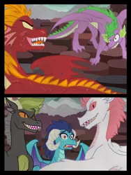 Size: 1536x2048 | Tagged: safe, artist:tamersworld, derpibooru import, baff, fizzle, garble, princess ember, spike, spike the regular dog, dog, dragon, equestria girls, gauntlet of fire, angry, blocking, blushing, comic, dragoness, emberspike, evil grin, female, fight, grin, gritted teeth, image, implied shipping, looking at each other, looking at someone, male, older, older ember, older spike, png, rivalry, shipping, shocked, shocked expression, smiling, straight, teenaged dragon, teeth, winged spike, wings, worried