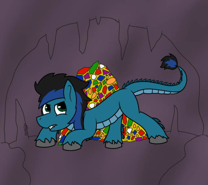 Size: 840x750 | Tagged: artist:koonzypony, cave, derpibooru import, dracony, dragon, fangs, gem, gold, greedy, growling, hybrid, longma, oc, oc:aeternalis fuel, safe, solo, stare, unofficial characters only