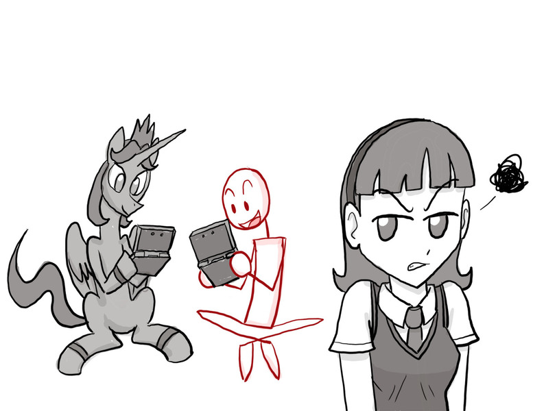 Size: 1280x989 | Tagged: safe, artist:redanon, derpibooru import, princess luna, oc, oc:anon, oc:femanon, human, 3ds, angry, femanon in malequestria, playing, prince artemis, rule 63
