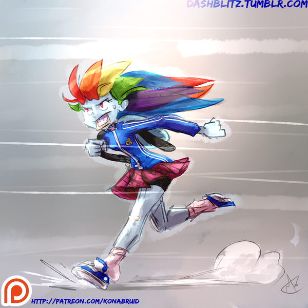 Size: 1000x1000 | Tagged: safe, artist:manic-the-lad, derpibooru import, rainbow dash, equestria girls, a dash of everything, clothes, compression shorts, gotta go fast, jacket, patreon, patreon logo, pleated skirt, poptart, schoolgirl toast, shoes, shorts, skirt, sneakers, socks, solo