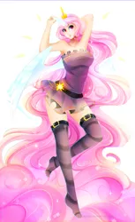 Size: 2222x3622 | Tagged: armpits, artist:koveliana, chromatic aberration, clothes, color porn, derpibooru import, dress, horned humanization, human, humanized, pink hair, pink-mane celestia, princess celestia, safe, solo, stockings, tailed humanization, winged humanization