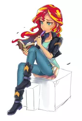 Size: 800x1180 | Tagged: safe, artist:tzc, derpibooru import, sunset shimmer, equestria girls, book, boots, clothes, female, jacket, pants, shoes, simple background, sitting, solo, white background