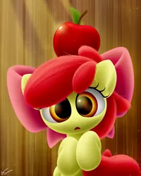 Size: 2000x2500 | Tagged: safe, artist:symbianl, derpibooru import, apple bloom, adorabloom, apple, balancing, cute, food, open mouth, solo, william tell