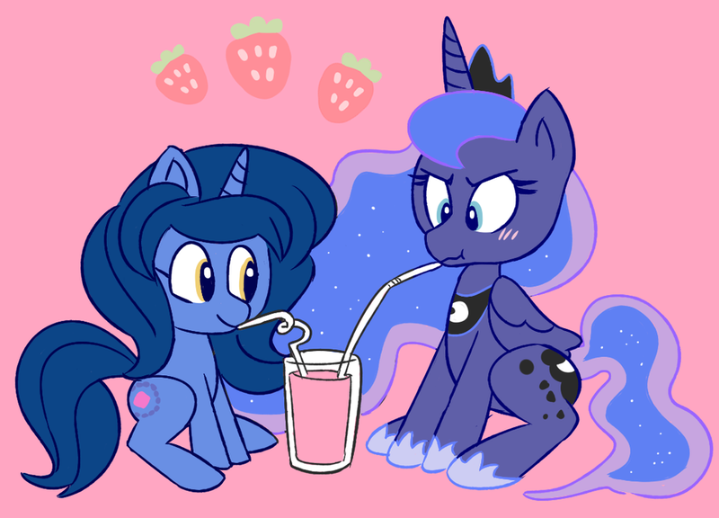 Size: 1024x737 | Tagged: safe, artist:cherucat, derpibooru import, princess luna, oc, oc:reverie charm, food, strawberry