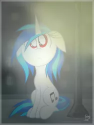 Size: 750x1000 | Tagged: safe, artist:kristysk, derpibooru import, vinyl scratch, floppy ears, red eyes, solo, wrong eye color