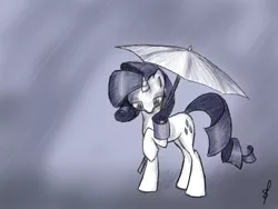 Size: 1600x1200 | Tagged: artist:stridah, derpibooru import, rain, rarity, safe, solo, umbrella