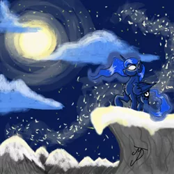 Size: 1024x1024 | Tagged: artist:takutanuvataio, cliff, derpibooru import, glowing eyes, moon, night, princess luna, raised hoof, safe, solo