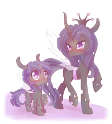 Size: 900x1000 | Tagged: artist:riouku, changeling, changeling oc, changeling queen, changeling queen oc, derpibooru import, female, filly, mother and daughter, nymph, oc, oc:amethyst, oc:ember song, offspring, parent:oc:ember song, purple changeling, raised hoof, safe, smiling, unofficial characters only
