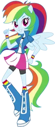 Size: 3000x6850 | Tagged: safe, artist:aqua-pony, derpibooru import, rainbow dash, equestria girls, absurd resolution, boots, clothes, compression shorts, inkscape, looking at you, ponied up, rainbow socks, raised leg, shorts, simple background, skirt, smiling, socks, solo, striped socks, transparent background, vector, wristband
