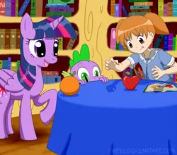 Size: 1136x1000 | Tagged: safe, artist:empyu, derpibooru import, spike, twilight sparkle, twilight sparkle (alicorn), alicorn, human, pony, apple, azumanga daioh, crossover, female, food, mare, mihama chiyo, open mouth, orange, raised hoof