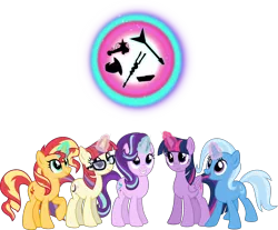 Size: 5462x4523 | Tagged: safe, artist:osipush, derpibooru import, moondancer, starlight glimmer, sunset shimmer, trixie, twilight sparkle, twilight sparkle (alicorn), alicorn, pony, unicorn, absurd resolution, counterparts, electric guitar, element of magic, group, guitar, inkscape, looking up, magic, magical quintet, open mouth, s5 starlight, simple background, staff, staff of sameness, telekinesis, transparent background, trixie's hat, twilight's counterparts, vector