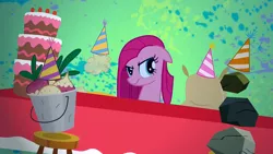 Size: 1280x720 | Tagged: safe, derpibooru import, screencap, madame le flour, mr. turnip, pinkie pie, rocky, sir lintsalot, pony, party of one, abstract background, bucket, cake, dust bunny, female, food, hat, mare, party hat, pinkamena diane pie, rock, sack, turnip
