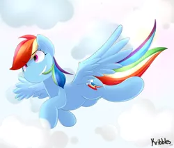 Size: 1280x1088 | Tagged: safe, artist:kribbles, derpibooru import, rainbow dash, pegasus, pony, cloud, female, flying, mare, signature, sky, smiling, solo, spread wings, wings