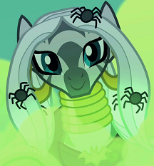 Size: 216x233 | Tagged: alternate hairstyle, beautiful, clothes, costume, cropped, derpibooru import, ear piercing, earring, female, jewelry, long hair, luna eclipsed, mare, neck rings, nightmare night costume, piercing, safe, screencap, smiling, solo, spider, witch, zebra, zecora