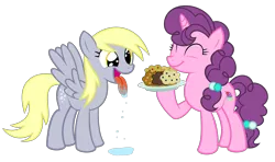 Size: 5898x3500 | Tagged: safe, artist:kuren247, derpibooru import, derpy hooves, sugar belle, pegasus, pony, absurd resolution, drool, female, food, happy, mare, muffin, smiling, that pony sure does love muffins, tongue out