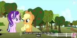 Size: 685x343 | Tagged: suggestive, derpibooru import, edit, edited screencap, screencap, applejack, big macintosh, starlight glimmer, earth pony, pony, no second prances, big macintosh gets all the mares, caption, implied big macintosh, implied porn, male, meme, stallion, youtube caption