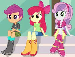 Size: 750x575 | Tagged: safe, derpibooru import, screencap, apple bloom, scootaloo, sweetie belle, equestria girls, friendship games, boots, clothes, crossed legs, cutie mark crusaders, jacket, jeans, pants, shirt, shoes, shorts, sitting, skirt