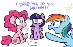 Size: 894x575 | Tagged: suggestive, artist:shoutingisfun, derpibooru import, pinkie pie, rainbow dash, twilight sparkle, twilight sparkle (alicorn), alicorn, pony, blushing, colored, dialogue, embarrassed, female, imminent kissing, implied applejack, lesbian, mare, offscreen character, open mouth, pointing, shipper on deck, shipping, simple background, sitting, spread wings, sweat, truth or dare, twinkie, white background, wingboner