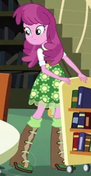 Size: 422x811 | Tagged: safe, derpibooru import, screencap, cheerilee, snails, equestria girls, book cart, clothes, mobile phone, phone, skirt, smartphone