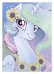 Size: 772x1063 | Tagged: safe, artist:lugiaangel, derpibooru import, princess celestia, alicorn, pony, bust, flower, flower in hair, portrait, smiling, solo, sunflower