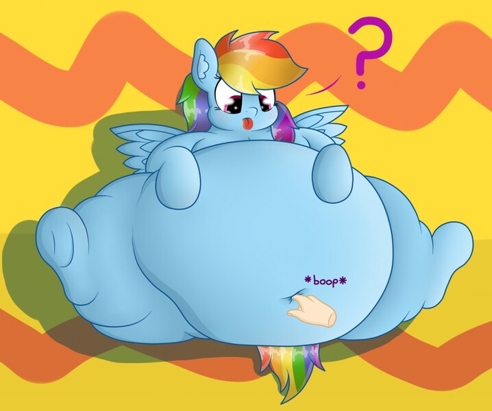 Size: 1280x1069 | Tagged: safe, artist:dullpoint, derpibooru import, rainbow dash, belly, belly button, boop, fat, huge belly, navel fetish, navel fingering, navel play, obese, question mark, rainblob dash, tongue out