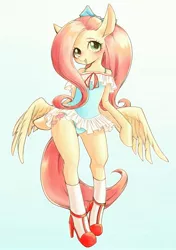 Size: 2039x2894 | Tagged: anthro, arm hooves, artist:unousaya, blushing, breasts, butt wings, clothes, cute, delicious flat chest, derpibooru import, female, flattershy, fluttershy, high heels, leotard, looking at you, one-piece swimsuit, open mouth, pegasus, safe, semi-anthro, shyabetes, socks, solo, swimsuit