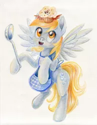 Size: 900x1162 | Tagged: safe, artist:maytee, derpibooru import, derpy hooves, pegasus, pony, apron, bat muffin, clothes, female, food, mare, muffin, solo, spoon, traditional art