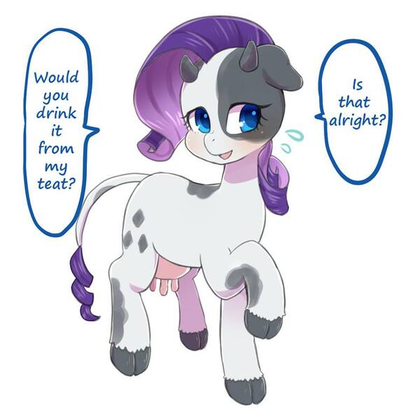 Size: 960x960 | Tagged: artist:ayahana, blushing, cow, cow pony, derpibooru import, female, implied suckling, raricow, rarity, solo, solo female, species swap, suggestive, translation, udder