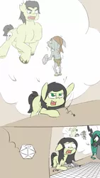 Size: 720x1280 | Tagged: safe, artist:happy harvey, derpibooru import, queen chrysalis, oc, oc:anon, oc:anonfilly, changeling, changeling queen, earth pony, goblin, pony, 1, bandana, barbarian, buff, charging, clothes, critical failure, critical miss, dice, dork, dorkalis, drawn on phone, dungeons and dragons, eyebrows, fail, failure, female, filly, floppy ears, gap teeth, horrified, imagination, killer dm, muscles, no pupils, rage, rolling, scared, shaking, shield, sword, tabletop game, unshorn fetlocks, weapon
