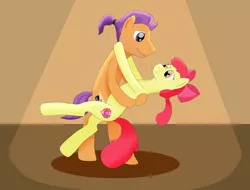 Size: 1024x778 | Tagged: safe, artist:allonsbro, derpibooru import, apple bloom, tender taps, dancing, female, male, older, shipping, straight, tenderbloom