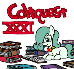Size: 640x600 | Tagged: safe, artist:ficficponyfic, derpibooru import, oc, oc:emerald jewel, unofficial characters only, earth pony, pony, colt quest, amulet, book, child, color, colt, cute, foal, happy, logo, male, pages, reading, recap, solo, studying, title, title card