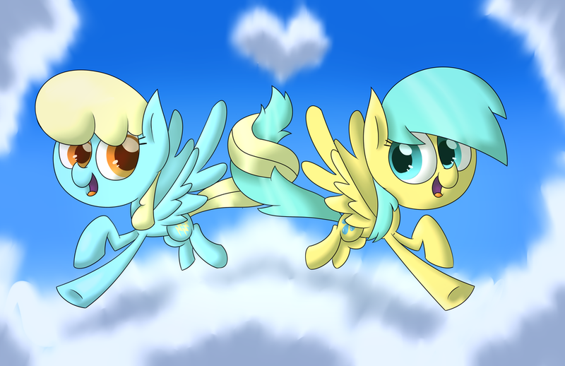 Size: 1024x663 | Tagged: safe, artist:supercoco142, derpibooru import, sassaflash, sunshower raindrops, pegasus, pony, cloud, duo, flying, intertwined tails