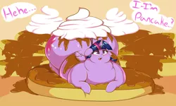 Size: 1700x1018 | Tagged: suggestive, artist:graphenescloset, derpibooru import, twilight sparkle, twilight sparkle (alicorn), alicorn, pony, adorafatty, blushing, chubby cheeks, cute, fat, female, food, foodplay, huge butt, i'm pancake, impossibly large butt, large butt, mare, morbidly obese, obese, pancakes, prone, solo, syrup, twiabetes, twilard sparkle, twilight has a big ass, whipped cream