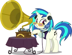 Size: 1570x1200 | Tagged: safe, artist:seahawk270, derpibooru import, vinyl scratch, pony, unicorn, a hearth's warming tail, clothes, cutie mark, female, glasses, gramophone, hooves, horn, listening to music, mare, phonograph, simple background, smiling, solo, stethoscope, sunglasses, table, table cloth, transparent background, vector, victorian, victrola scratch