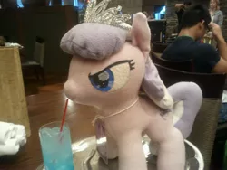 Size: 2560x1920 | Tagged: 2016, artist needed, caption, derpibooru import, diamond tiara, drink, drinking straw, everfree northwest, glass, hotel, implied foalcon, implied lesbian, implied silver spoon, implied silvertiara, irl, photo, plushie, restaurant, suggestive