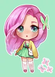 Size: 844x1179 | Tagged: animal bag, artist:pinkiepiee, bag, barrette, cardigan, chibi, clothes, cute, cyan eyes, daaaaaaaaaaaw, derpibooru import, digital art, dress, fluttershy, green background, green dress, hair accessory, human, humanized, light skin, looking at you, pink hair, pixiv, safe, sandals, simple background, socks, solo, standing, stockings, sweater, sweatershy, thigh highs, white socks, white stockings, yellow sweater