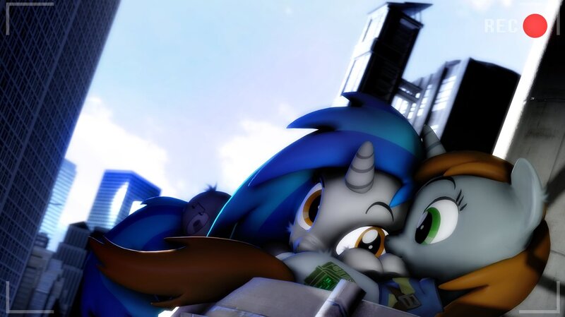 Size: 1193x670 | Tagged: safe, artist:doge4ce, derpibooru import, oc, oc:homage, oc:littlepip, unofficial characters only, pony, unicorn, fallout equestria, fanfic, 3d, city, clothes, cuddling, fanfic art, female, horn, mare, oc x oc, shipping, snuggling, source filmmaker, vault suit