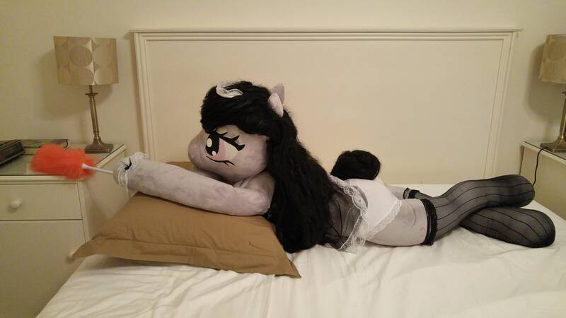 Size: 5312x2988 | Tagged: absurd resolution, anthro, anthro plushie, artist:bigsexyplush, artist:somethingaboutoctavia, bed, bedroom, bedroom eyes, clothes, costume, crossed legs, derpibooru import, doll, duster, irl, lying, lying down, maid, octamaid, octavia melody, outfit, panties, photo, pillow, plot, plushie, safe, socks, socktavia, solo, stockings, tail bun, thigh highs, thunder thighs, toy, underwear, white underwear, wide hips