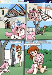 Size: 1280x1853 | Tagged: artist:shieltar, cewestia, clothes, comic, comic:birth of equestria, crying, cute, cutelestia, derpibooru import, female, filly, human, ladder, magic, oc, oc:big mark, oc:florence, oc:grace harmony, oc:sweetie pie, pink-mane celestia, princess celestia, safe, shorts, winged humanization