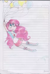 Size: 999x1480 | Tagged: safe, artist:gabialicornprincess, derpibooru import, pinkie pie, equestria girls, alternate hairstyle, balloon, flying, holding, humanized, lined paper, looking up, smiling, solo, then watch her balloons lift her up to the sky, traditional art