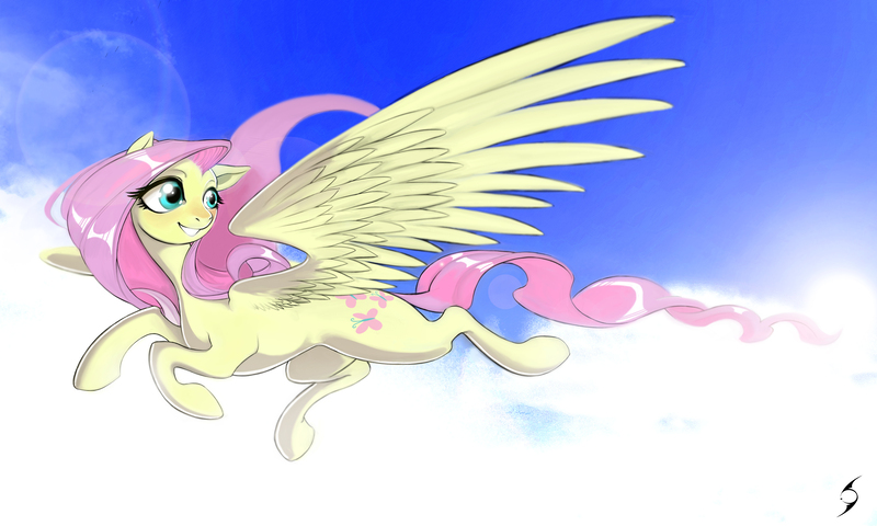 Size: 5906x3543 | Tagged: safe, artist:blackrunewarlock, derpibooru import, fluttershy, pegasus, pony, absurd resolution, cloud, female, flying, large wings, lens flare, looking back, mare, sky, solo, wings