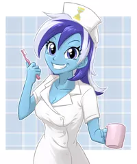Size: 720x865 | Tagged: safe, artist:ta-na, derpibooru import, minuette, equestria girls, clothes, dentist, equestria girls-ified, female, grin, looking at you, mug, solo, sparkling smile, toothbrush, uniform