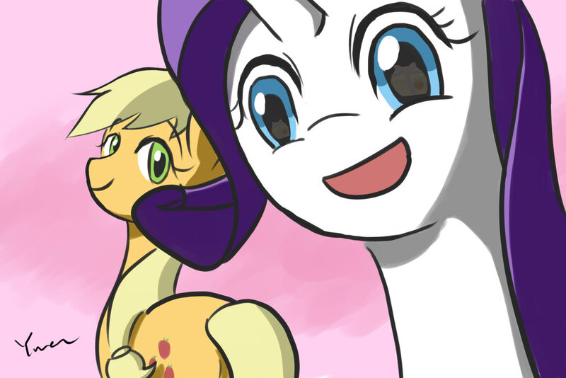 Size: 1024x683 | Tagged: safe, artist:yuwentaiji, derpibooru import, applejack, rarity, offscreen rarijack, rarijack, shipping