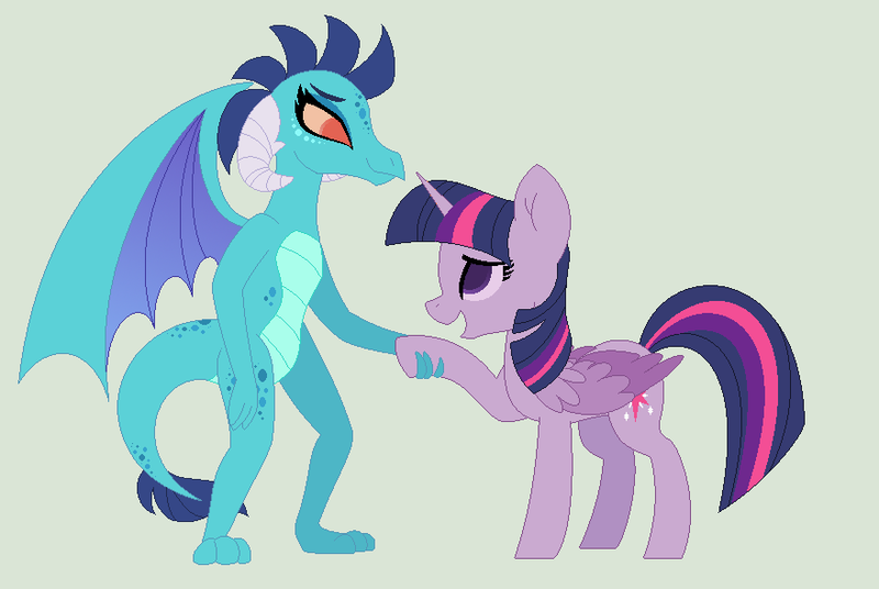 Size: 879x589 | Tagged: safe, artist:selenaede, artist:simplybritish, derpibooru import, princess ember, twilight sparkle, twilight sparkle (alicorn), alicorn, dragon, pony, emberlight, female, holding hands, holding hooves, mare, smiling